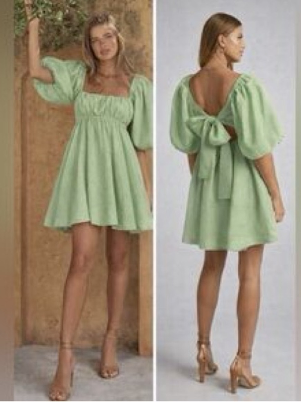 Amalie The Label Hamyya Linen Mini Dress Sage Green Puff Sleeve Tie Back 6 NWT